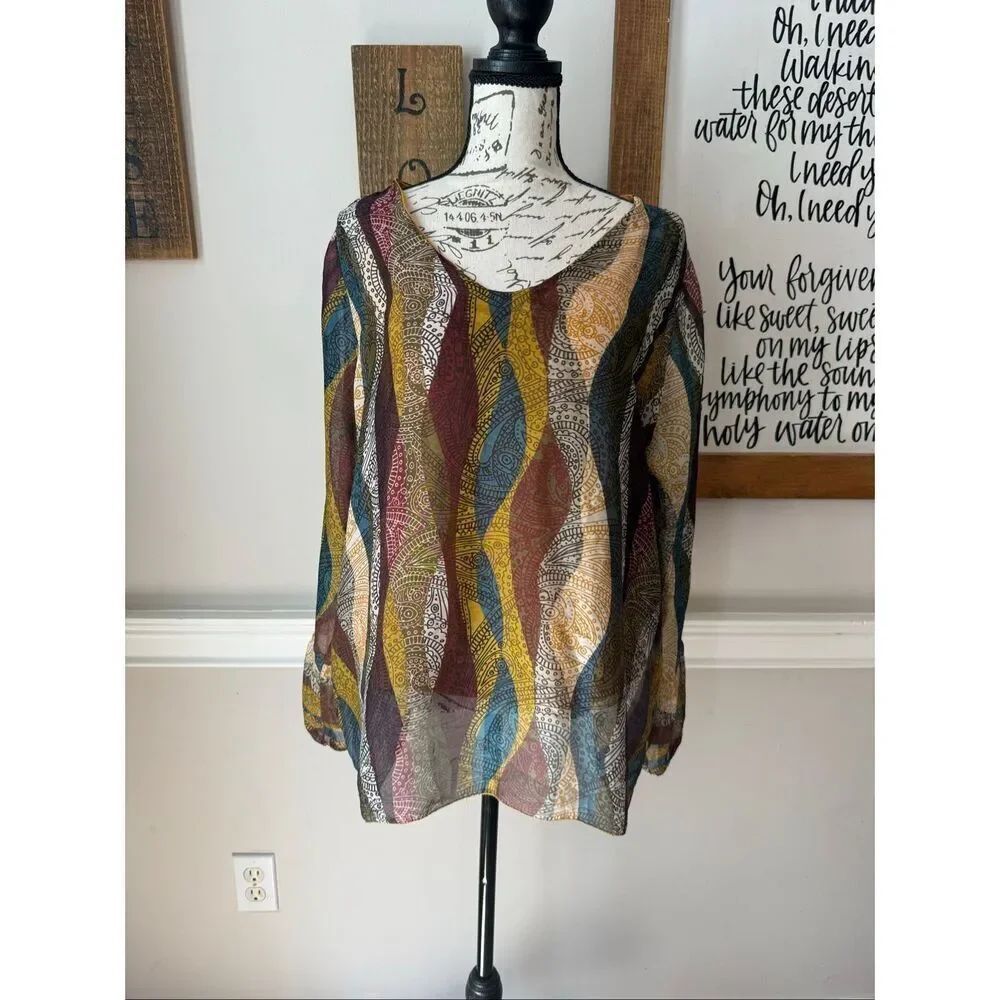 Belle France Women's Silk Blend Sheer Paisley Blouse Top Multicolor Size XL